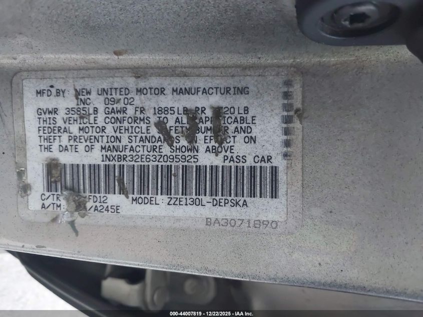 2003 Toyota Corolla S VIN: 1NXBR32E63Z095925 Lot: 44007819