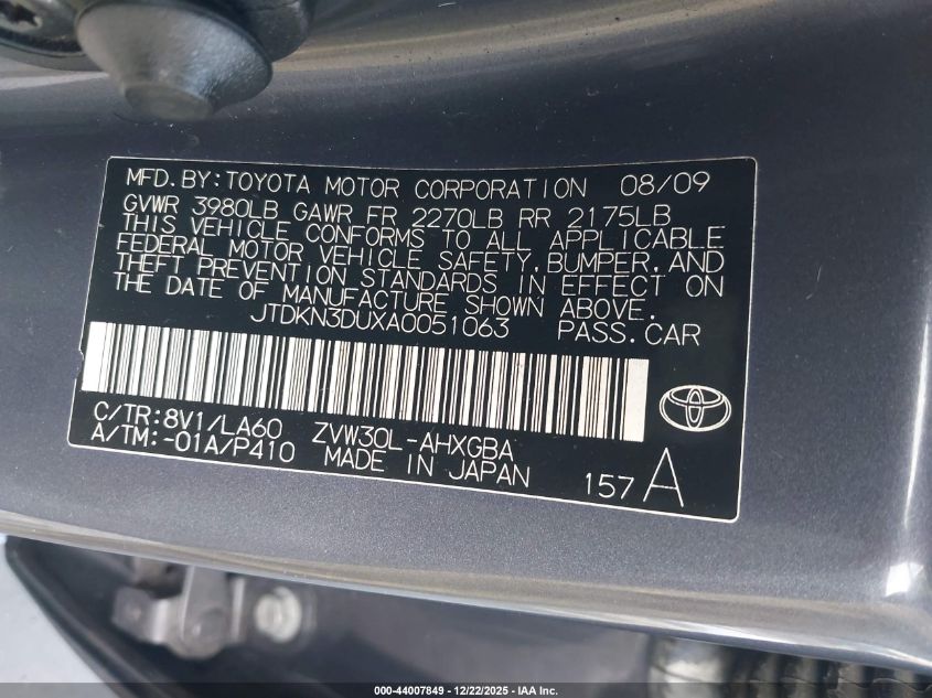 2010 Toyota Prius Iv VIN: JTDKN3DUXA0051063 Lot: 44007849