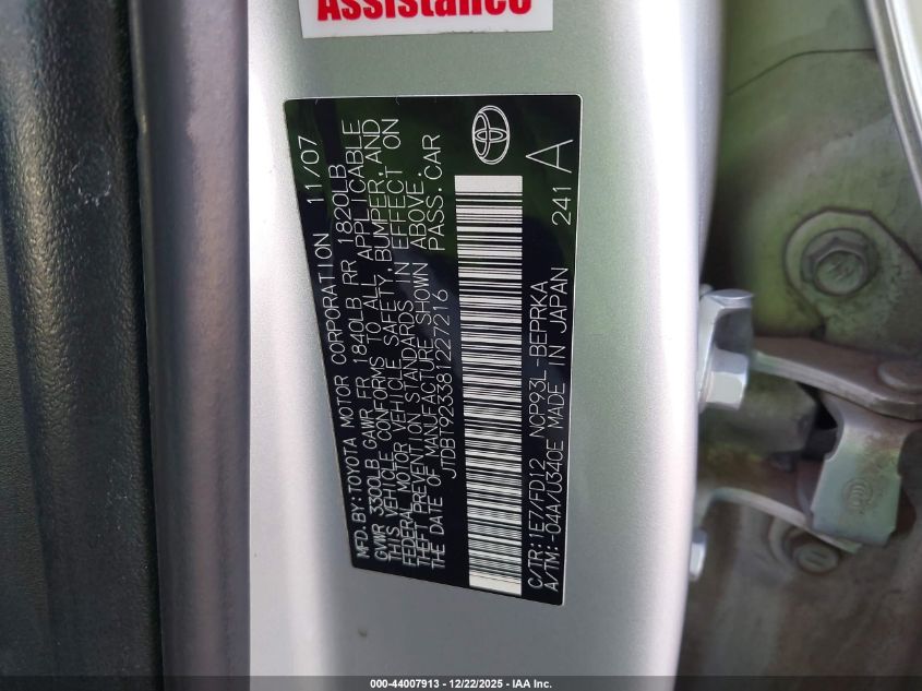 2008 Toyota Yaris VIN: JTDBT923381227216 Lot: 44007913