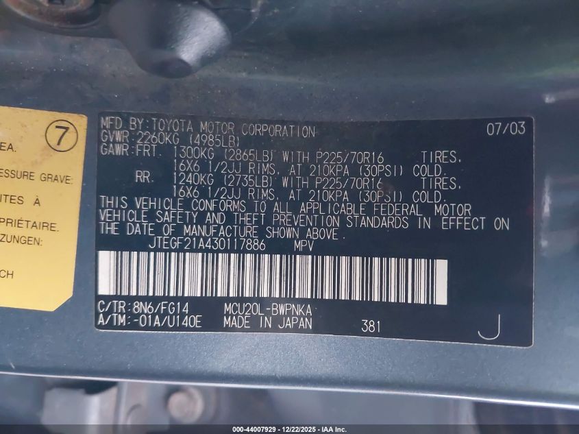 2003 Toyota Highlander V6 VIN: JTEGF21A430117886 Lot: 44007929