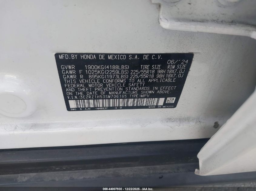 2025 Honda Hr-V 2Wd Sport VIN: 3CZRZ1H53SM706165 Lot: 44007930