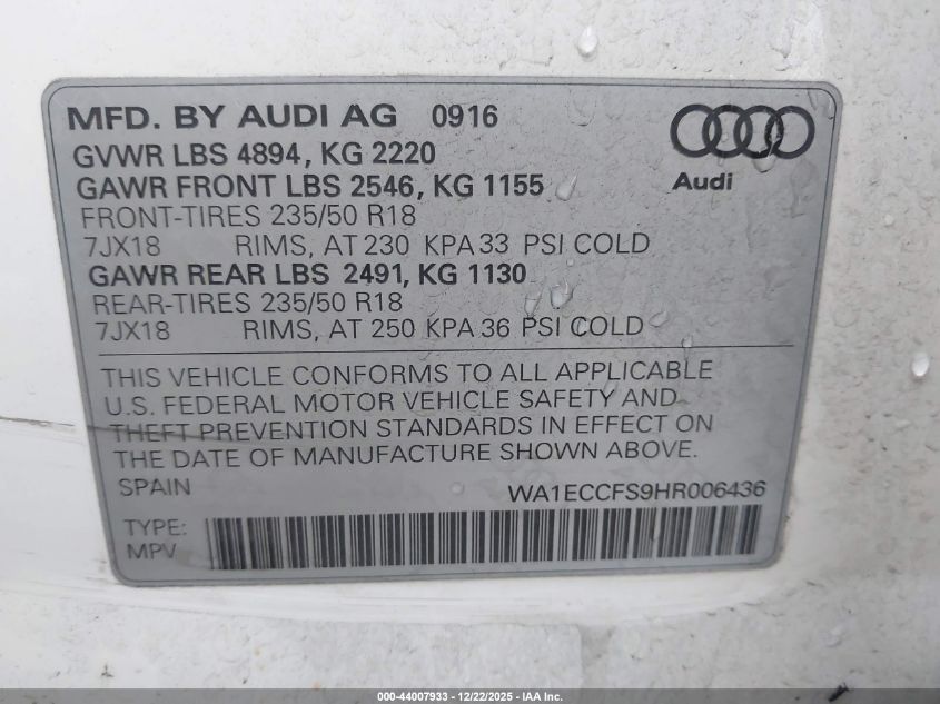 2017 Audi Q3 2.0T Premium VIN: WA1ECCFS9HR006436 Lot: 44007933