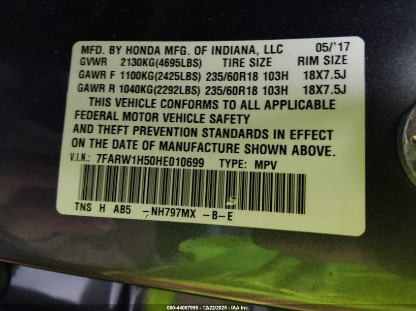 2017 Honda Cr-V Ex VIN: 7FARW1H50HE010699 Lot: 44007990