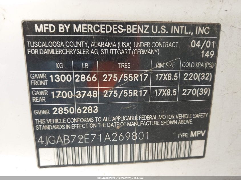 2001 Mercedes-Benz Ml 430 VIN: 4JGAB72E71A269801 Lot: 44007999