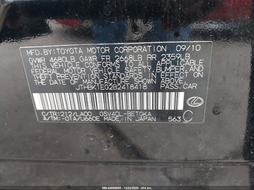 2011 Lexus Es 350 VIN: JTHBK1EG2B2418418 Lot: 44008008