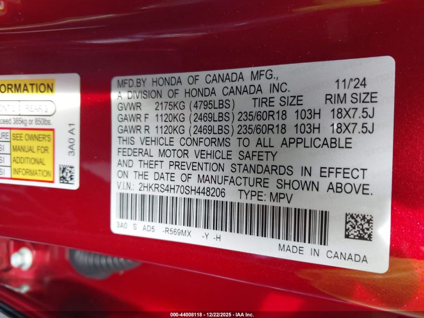 2025 Honda Cr-V Ex-L Awd VIN: 2HKRS4H70SH448206 Lot: 44008118