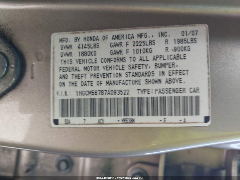 2007 Honda Accord 2.4 Ex VIN: 1HGCM56787A093522 Lot: 44008119