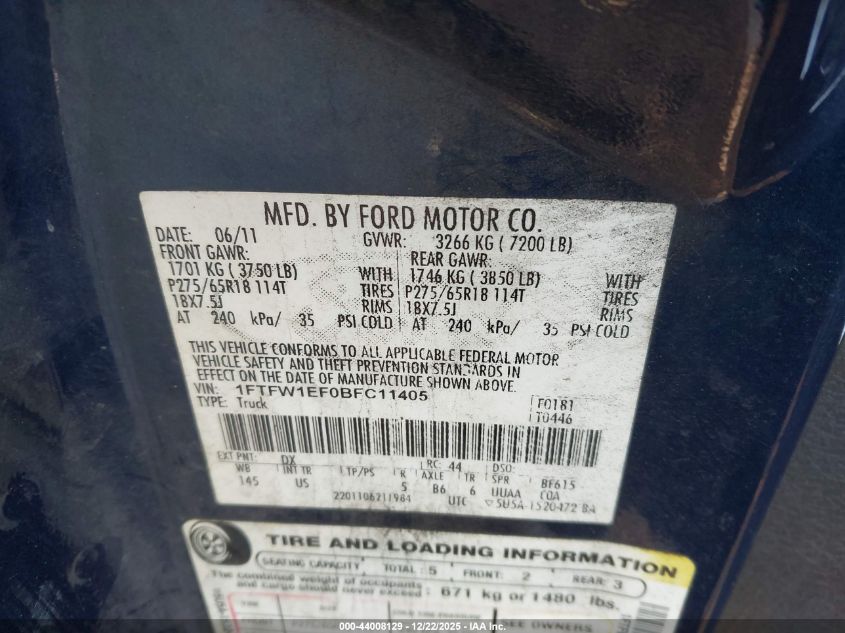 2011 Ford F-150 Xlt VIN: 1FTFW1EF0BFC11405 Lot: 44008129