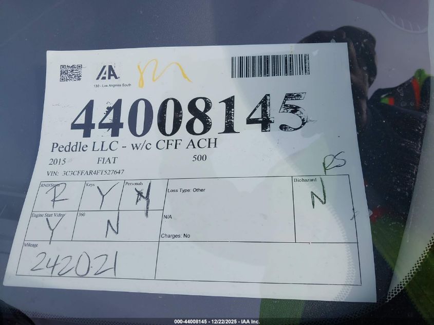 2015 Fiat 500 Pop VIN: 3C3CFFAR4FT527647 Lot: 44008145