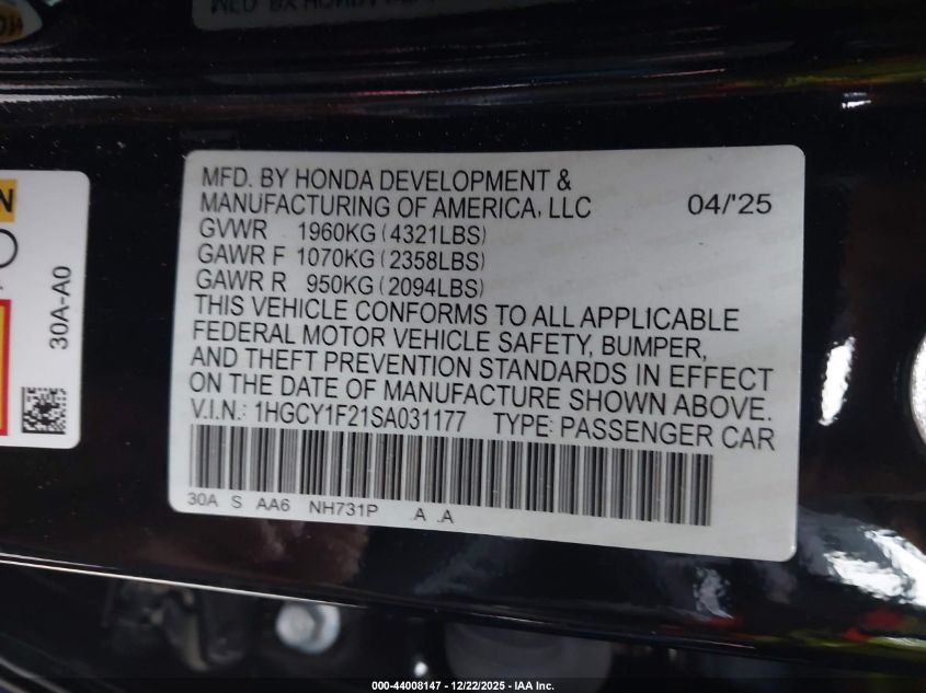 2025 Honda Accord Lx VIN: 1HGCY1F21SA031177 Lot: 44008147
