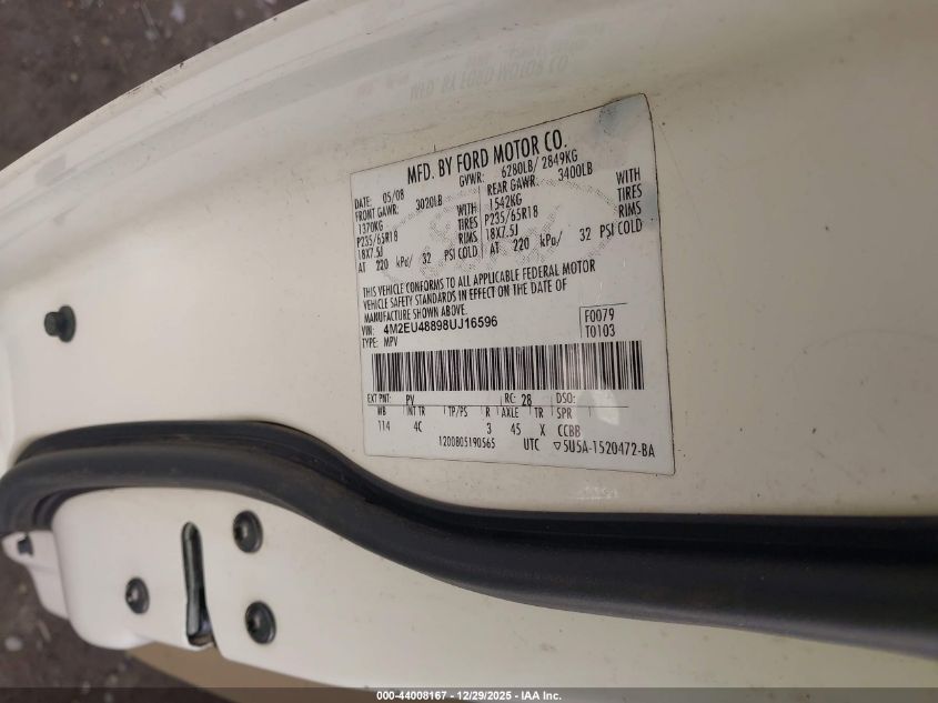 2008 Mercury Mountaineer Premier VIN: 4M2EU48898UJ16596 Lot: 44008167