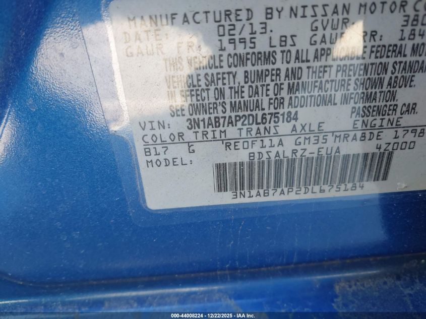 2013 Nissan Sentra Sr VIN: 3N1AB7AP2DL675184 Lot: 44008224