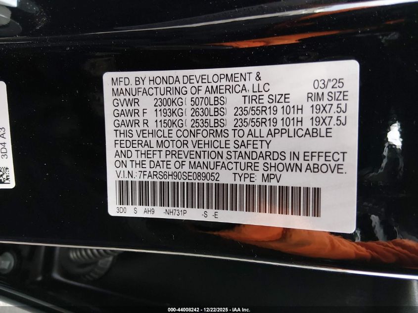 2025 Honda Cr-V Hybrid Sport Touring VIN: 7FARS6H90SE089052 Lot: 44008242