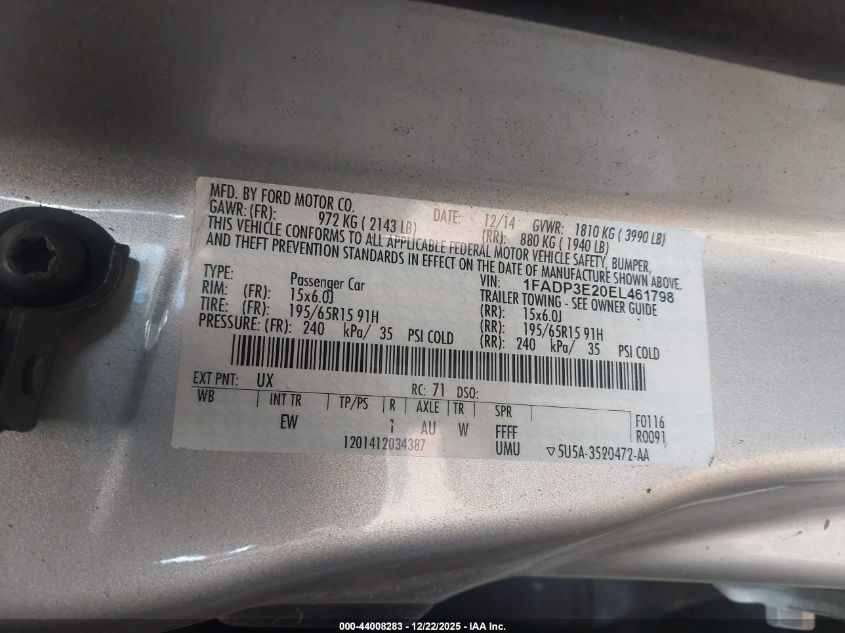 2014 Ford Focus S VIN: 1FADP3E20EL461798 Lot: 44008283