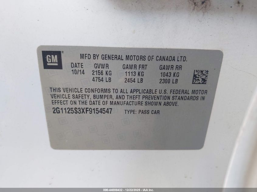 2015 Chevrolet Impala 2Lt VIN: 2G1125S3XF9154547 Lot: 44008432