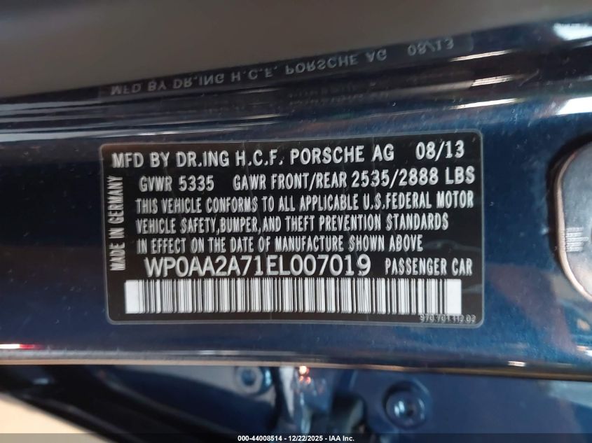 2014 Porsche Panamera 4 VIN: WP0AA2A71EL007019 Lot: 44008514