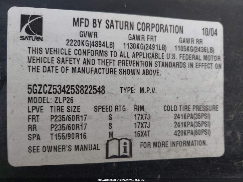 2005 Saturn Vue V6 VIN: 5GZCZ53425S822548 Lot: 44008628