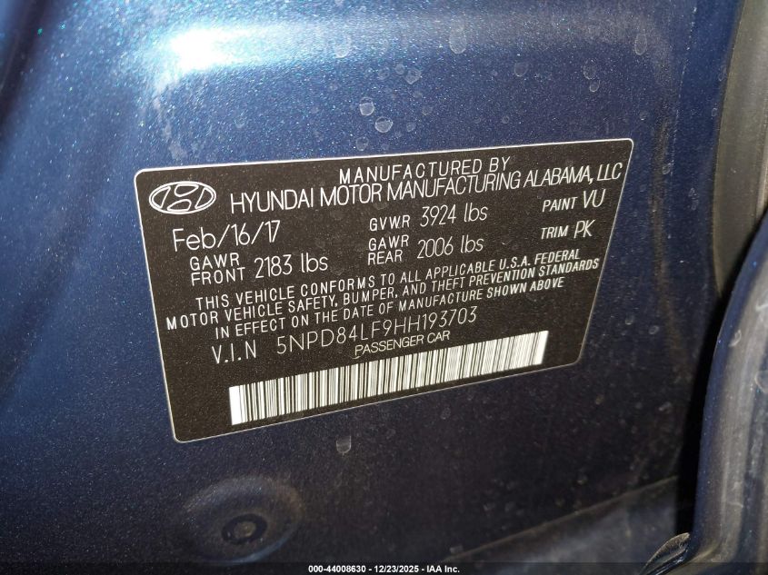 2017 Hyundai Elantra Se VIN: 5NPD84LF9HH193703 Lot: 44008630