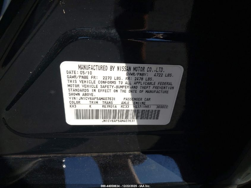 2010 Infiniti G37 Journey VIN: JN1CV6AP5AM407631 Lot: 44008634