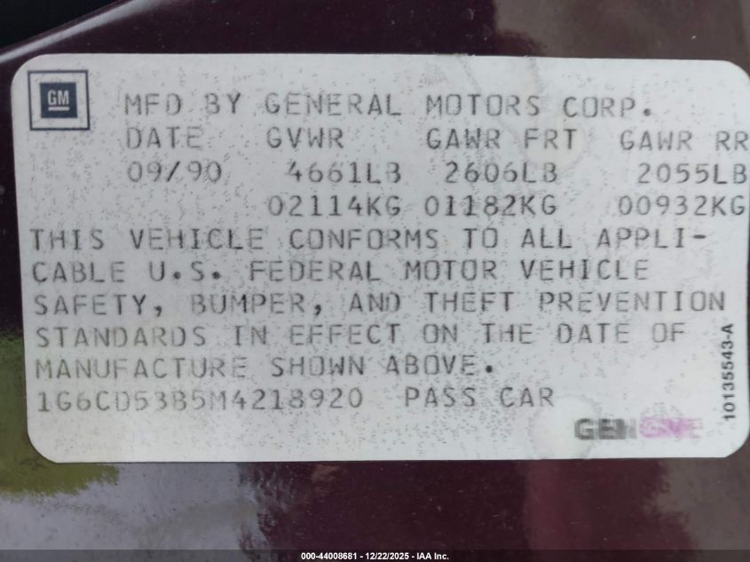 1991 Cadillac Deville VIN: 1G6CD53B5M4218920 Lot: 44008681