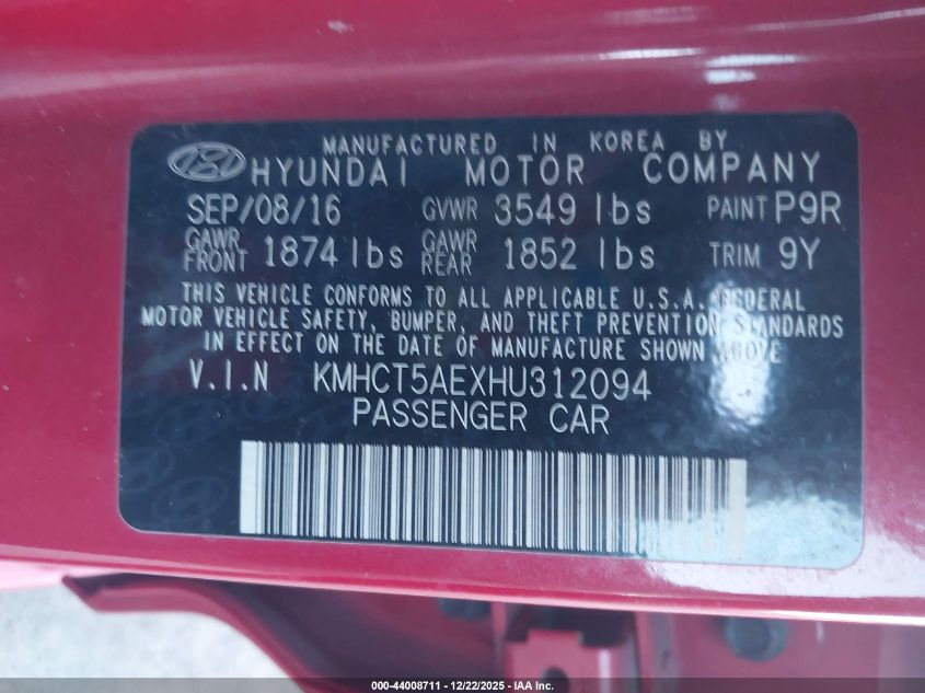 2017 Hyundai Accent Se VIN: KMHCT5AEXHU312094 Lot: 44008711