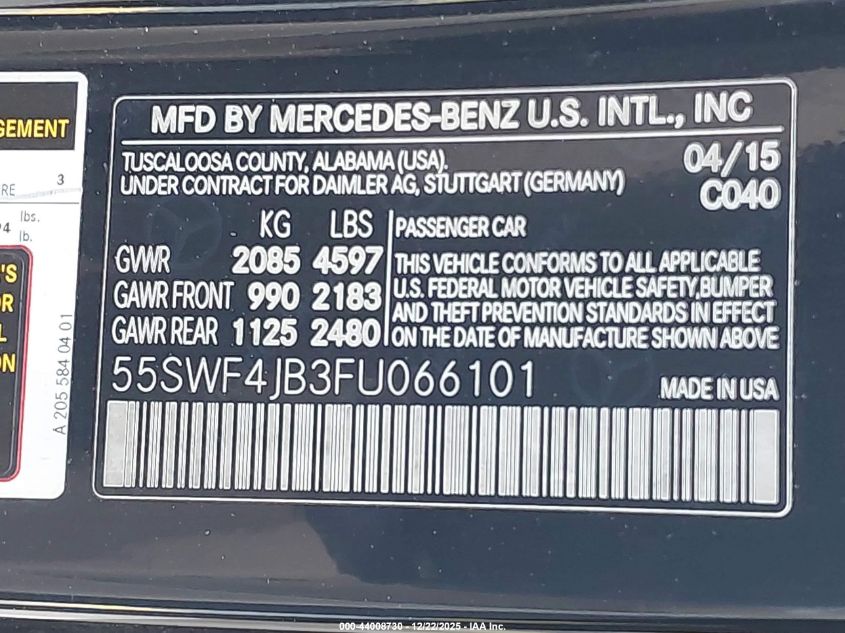 2015 Mercedes-Benz C 300 VIN: 55SWF4JB3FU066101 Lot: 44008730