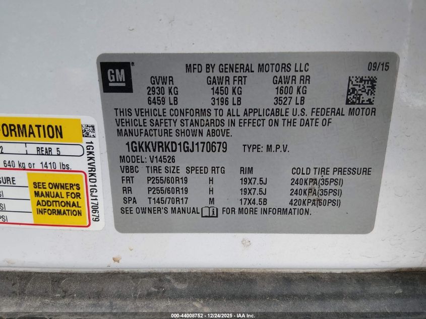 2016 GMC Acadia Slt-1 VIN: 1GKKVRKD1GJ170679 Lot: 44008752