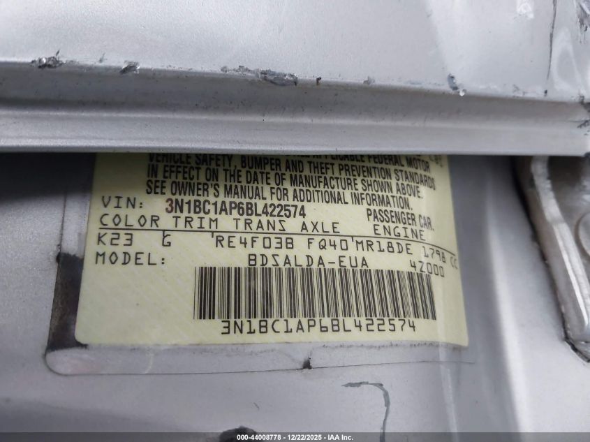 2011 Nissan Versa 1.8S VIN: 3N1BC1AP6BL422574 Lot: 44008778