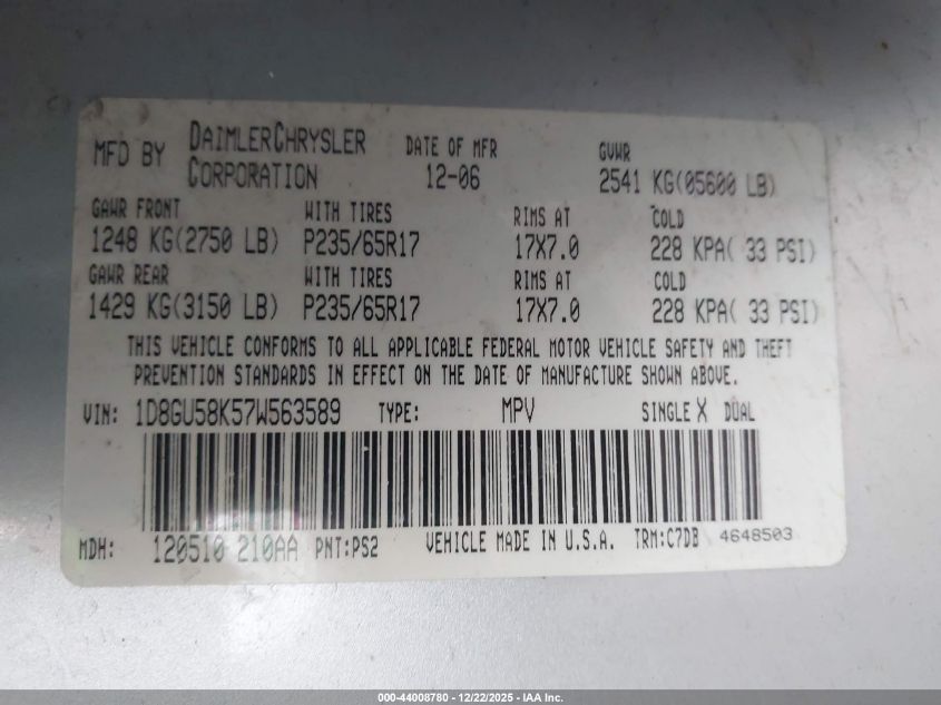 2007 Dodge Nitro Slt/Rt VIN: 1D8GU58K57W563589 Lot: 44008780