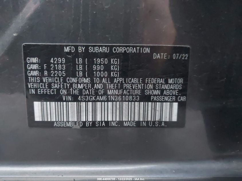 2022 Subaru Impreza Sport VIN: 4S3GKAM61N3610833 Lot: 44008789