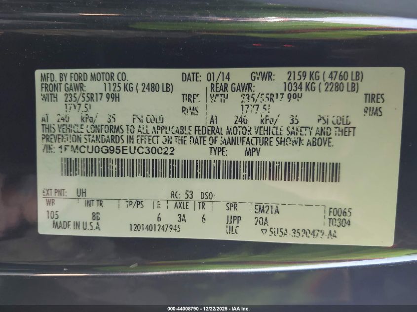 2014 Ford Escape Se VIN: 1FMCU0G95EUC30022 Lot: 44008790