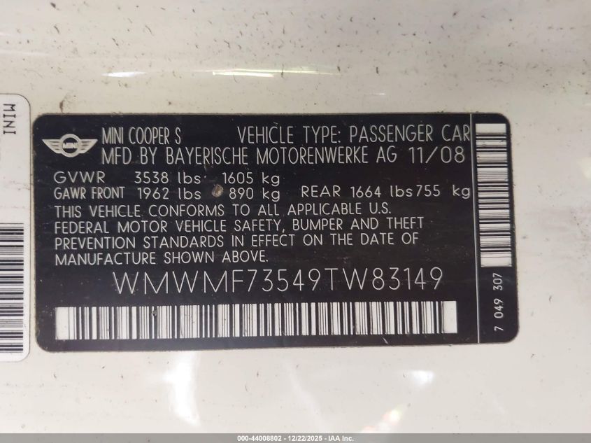 2009 Mini Cooper S VIN: WMWMF73549TW83149 Lot: 44008802