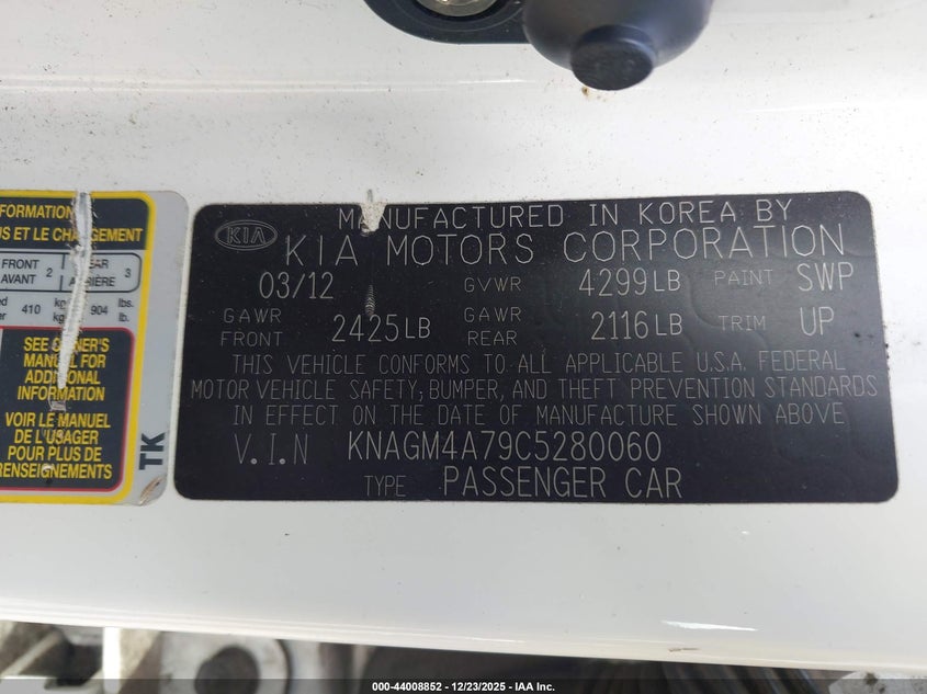 2012 Kia Optima 2.4 Lx white Lot 111044008852 Vin KNAGM4A79C5280060