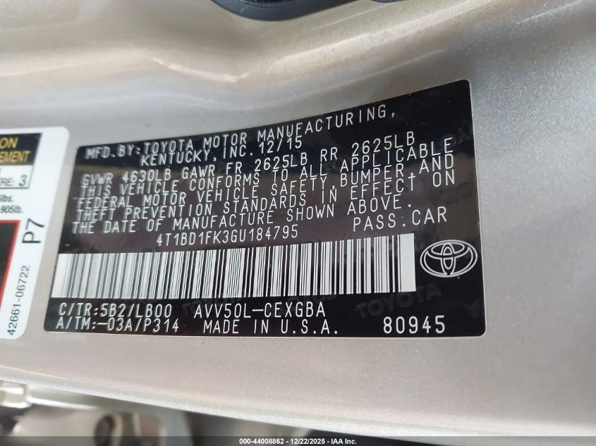 2016 Toyota Camry Hybrid Xle VIN: 4T1BD1FK3GU184795 Lot: 44008862