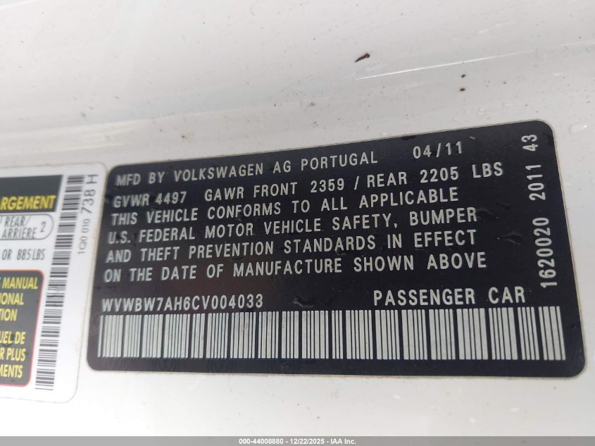 2012 Volkswagen Eos Komfort VIN: WVWBW7AH6CV004033 Lot: 44008880