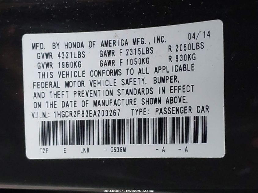 2014 Honda Accord Ex-L VIN: 1HGCR2F83EA203267 Lot: 44008907