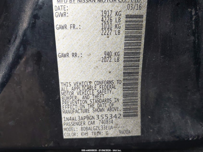 2016 Nissan Altima 2.5/2.5 S/2.5 Sl/2.5 Sr/2.5 Sv VIN: 1N4AL3AP9GN355342 Lot: 44008939