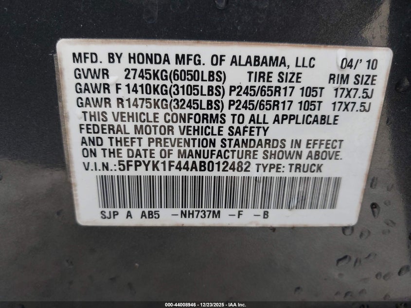 2010 Honda Ridgeline Rts VIN: 5FPYK1F44AB012482 Lot: 44008946