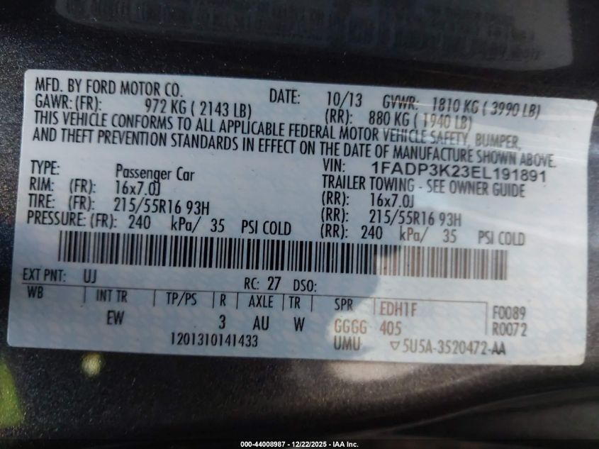 2014 Ford Focus Se VIN: 1FADP3K23EL191891 Lot: 44008987