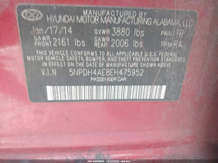 2014 Hyundai Elantra Se VIN: 5NPDH4AE8EH475952 Lot: 44008989