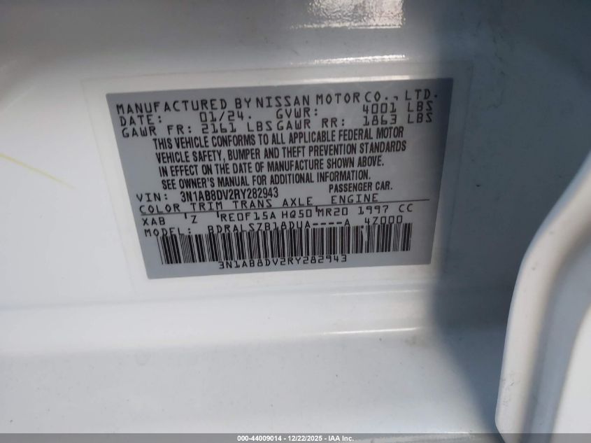 2024 Nissan Sentra Sr Xtronic Cvt VIN: 3N1AB8DV2RY282943 Lot: 44009014