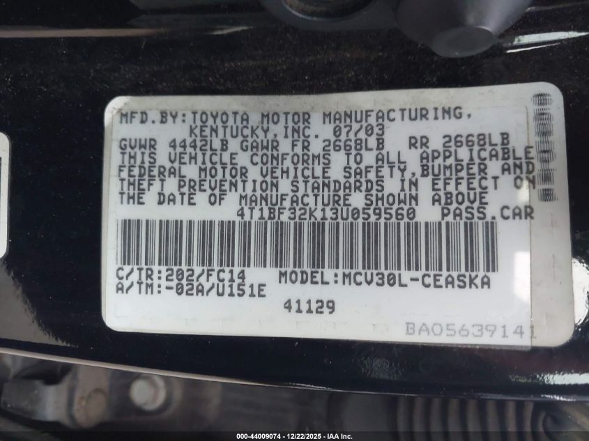 2003 Toyota Camry Se V6 VIN: 4T1BF32K13U059560 Lot: 44009074