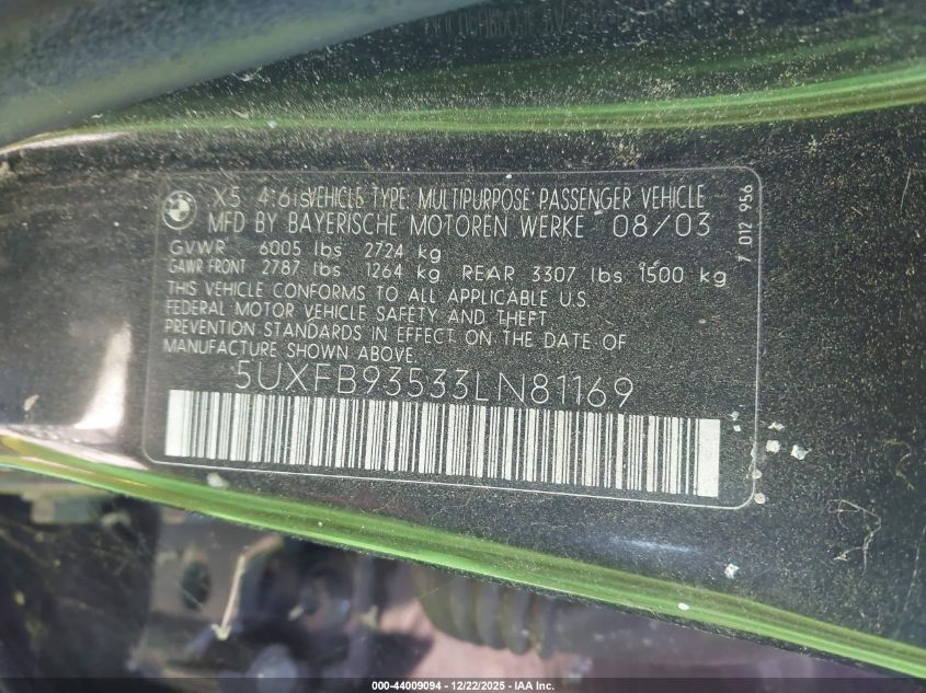 2003 BMW X5 4.6Is VIN: 5UXFB93533LN81169 Lot: 44009094