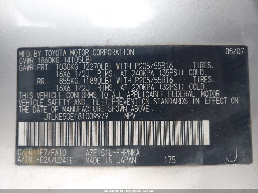 2008 Scion Xb VIN: JTLKE50E181009979 Lot: 44009110