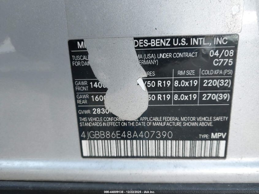 2008 Mercedes-Benz Ml 350 4Matic VIN: 4JGBB86E48A407390 Lot: 44009138