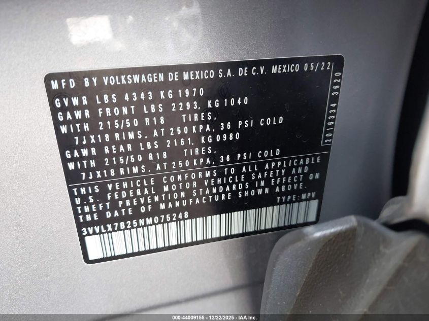 2022 Volkswagen Taos 1.5T Se VIN: 3VVLX7B25NM075248 Lot: 44009155