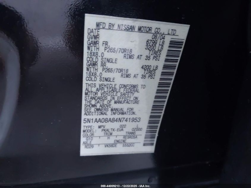 2004 Nissan Pathfinder Armada Se VIN: 5N1AA08A84N741953 Lot: 44009213