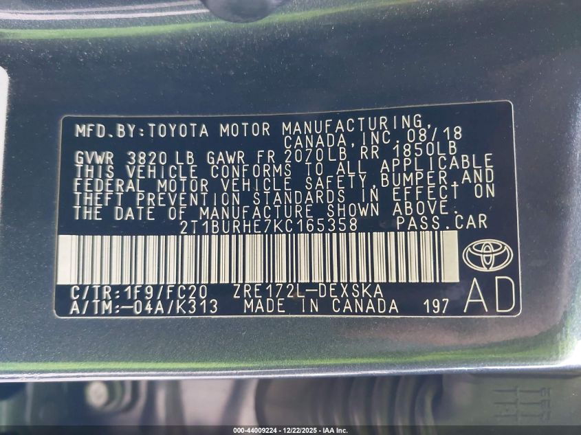 2019 Toyota Corolla Se VIN: 2T1BURHE7KC165358 Lot: 44009224