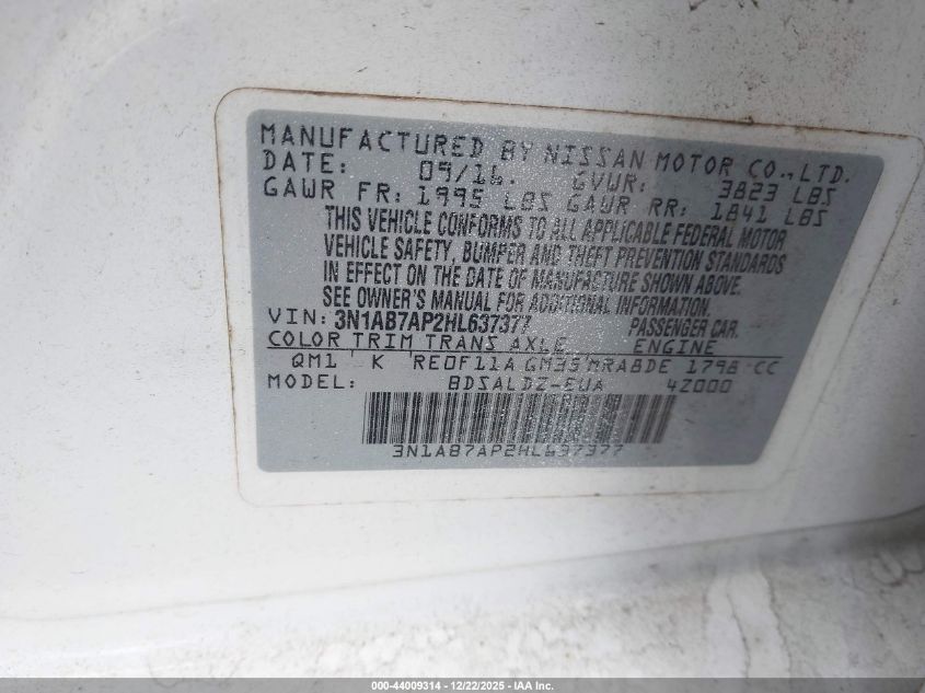 2017 Nissan Sentra S/Sl/Sr/Sv VIN: 3N1AB7AP2HL637377 Lot: 44009314