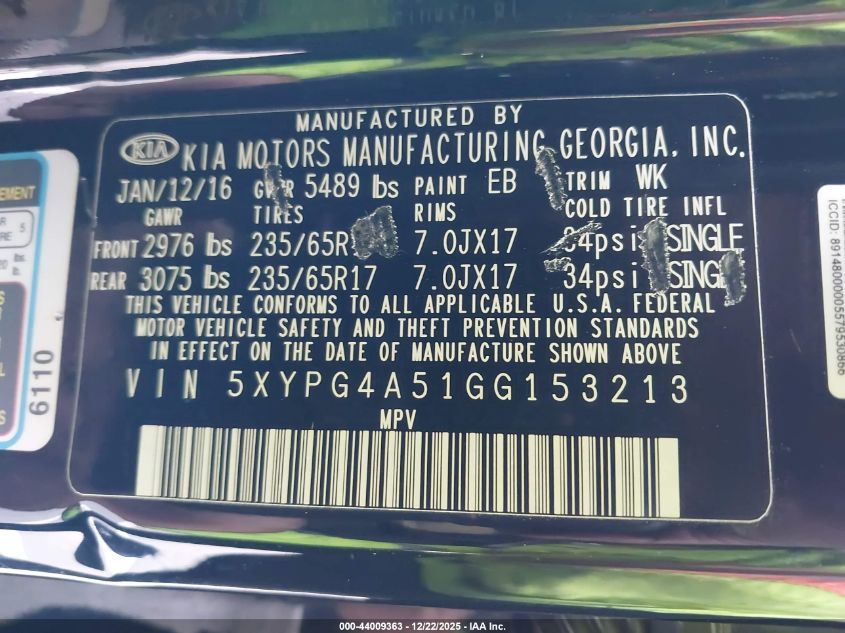 2016 Kia Sorento 3.3L Lx VIN: 5XYPG4A51GG153213 Lot: 44009363
